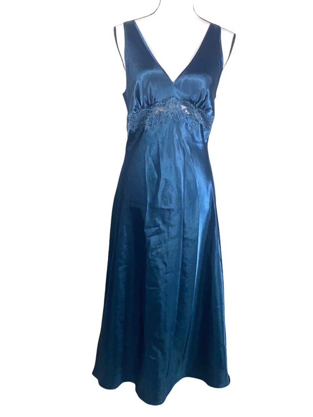 Elegant Teal Satin slip dress Y2K Midi Dress Lace Detail Sleeveless V-neckline